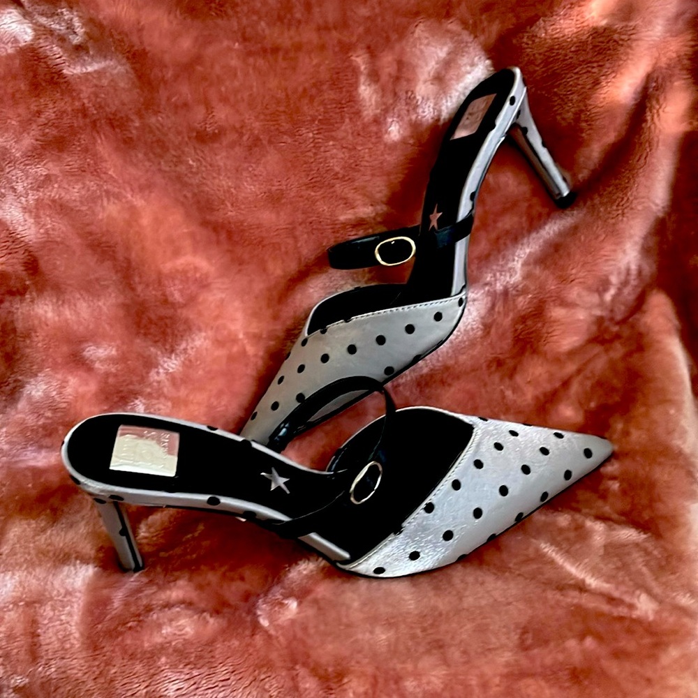 Lulu Loves Celeste Polka Dot Print Mules with Stiletto Heels.